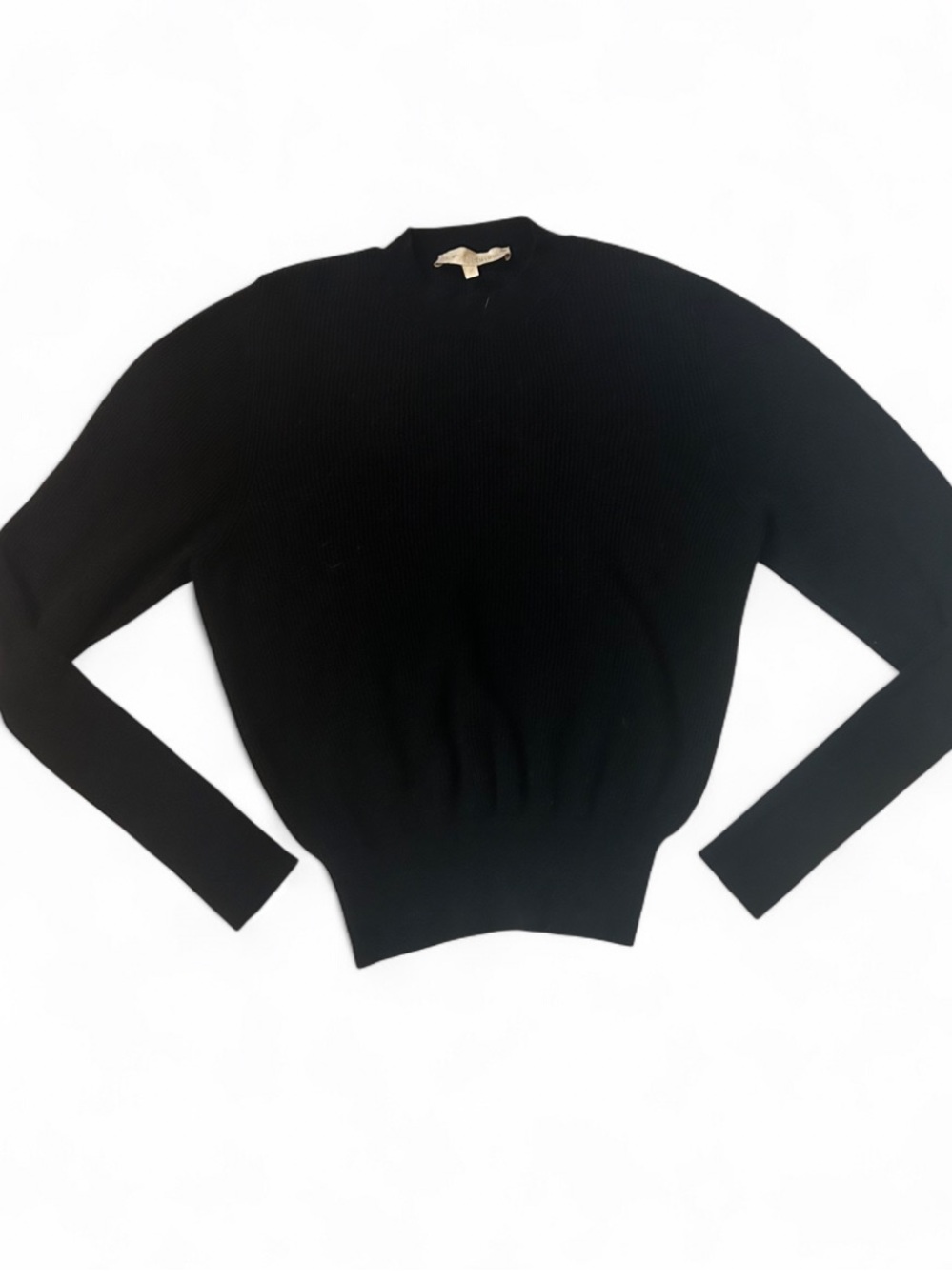 Vanessa Bruno Wool Black Crewneck Ribbed Sweater Cinched Waist Puffed Sleeves